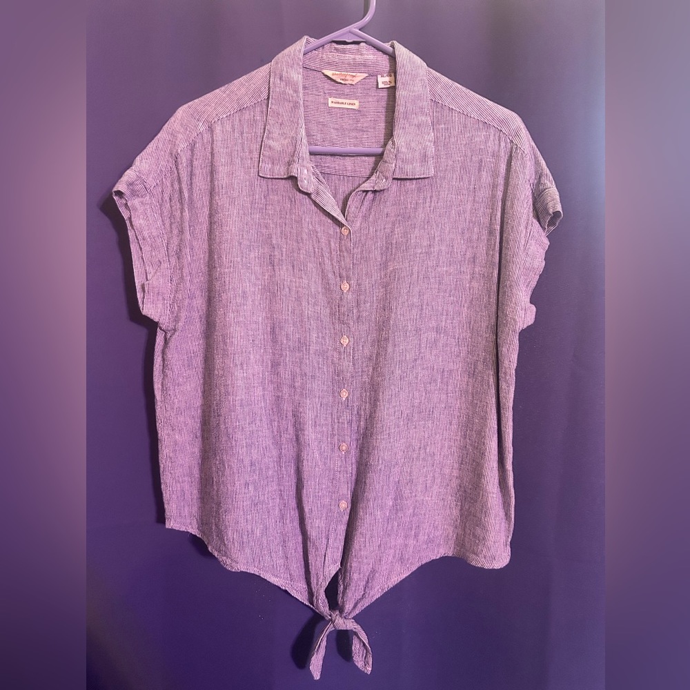 Blue/white striped top with tie in front